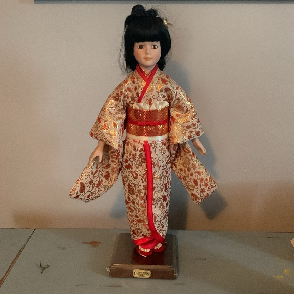 Vintage, Collectors, Asian, Japanese Kimono-Clad Doll with Stand